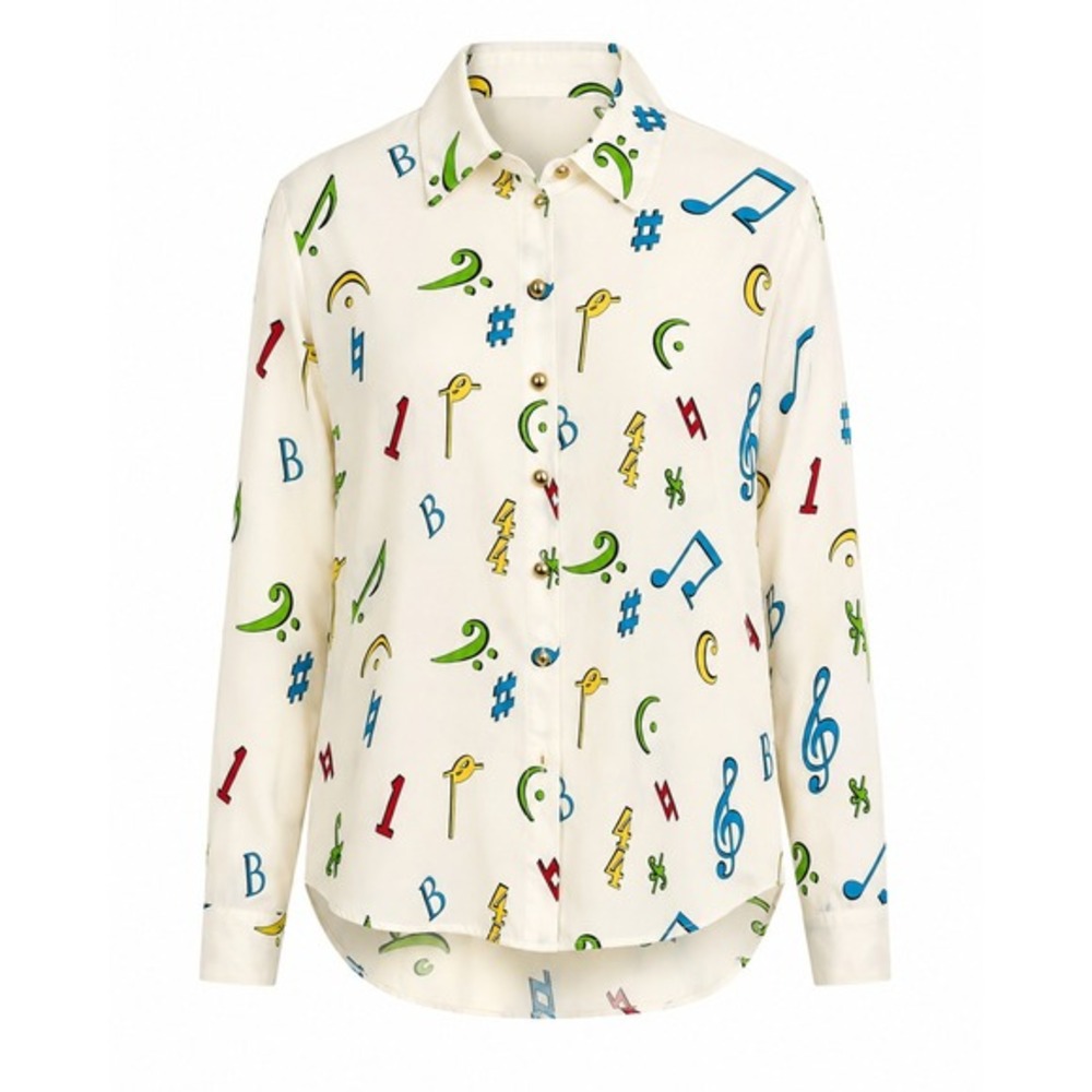 Vintage Eleanor P Brenner Silk Musical Notes Print Button Up Shirt‎ Size S